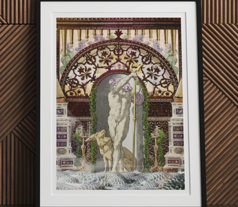 Framed classical art print depicting secret dog at a private dock where classical grandeur meets surreal introspection