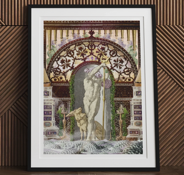 Framed classical art print depicting secret dog at a private dock where classical grandeur meets surreal introspection