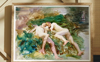 Framed watercolor painting by john singer sargent featuring two reclining male nude figures in soft tones