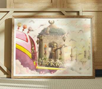Ornate stone structure with central figure, lanterns, and greenery symbolizing asma bint shihab, powerful yemeni queen