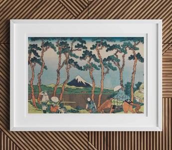 Ukiyo-e woodblock prints showing women in traditional kimonos near a bridge and wisteria blossoms in edo period style