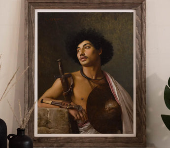 Framed portrait of a warrior showcasing homoerotic desire in orientalist art by western artists.