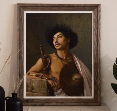 Framed portrait of a warrior showcasing homoerotic desire in orientalist art by western artists.