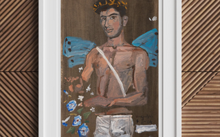 Framed painting of a winged man featuring a sculpted angel wing in modern greek art by yannis tsarouchis