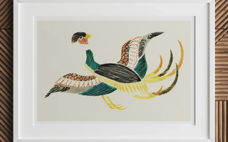 Stylized colorful bird with elongated legs and neck in geometric design inspired by late edo period tsubaki woodblock prints