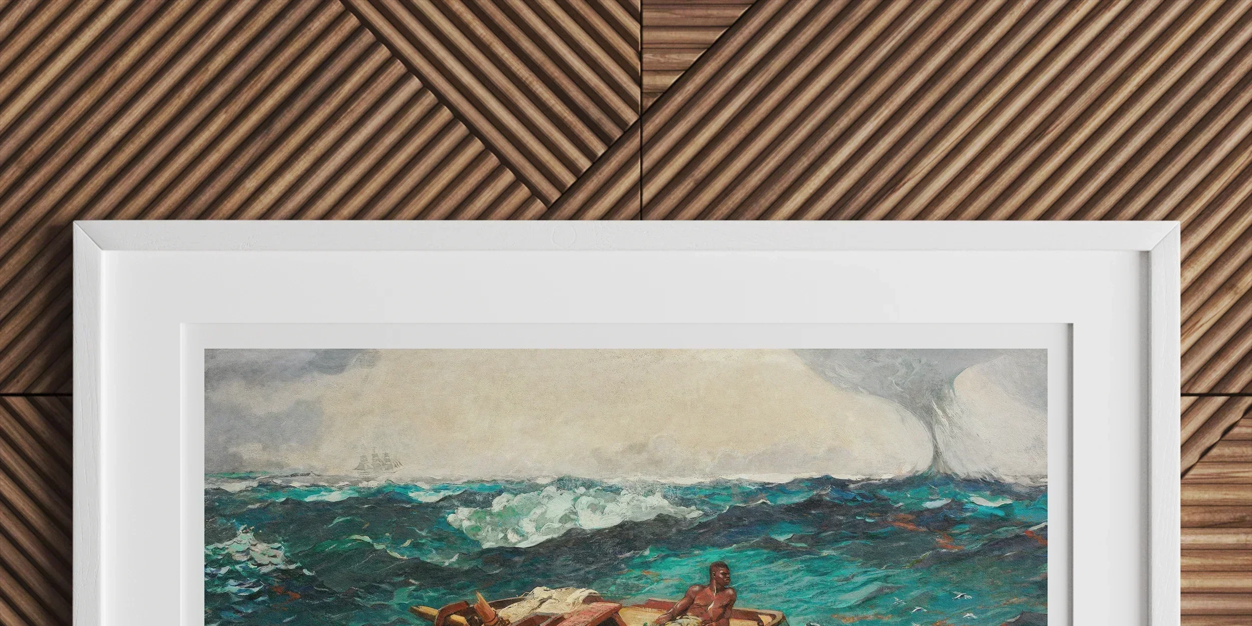 Framed painting of a person in a small boat on stormy seas with sharks nearby.