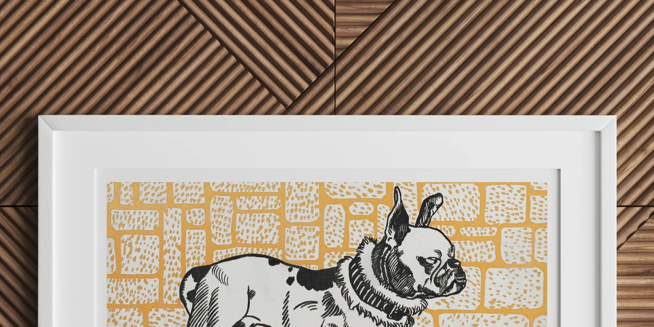Framed artwork depicting a French Bulldog in black and white against a yellow patterned background.