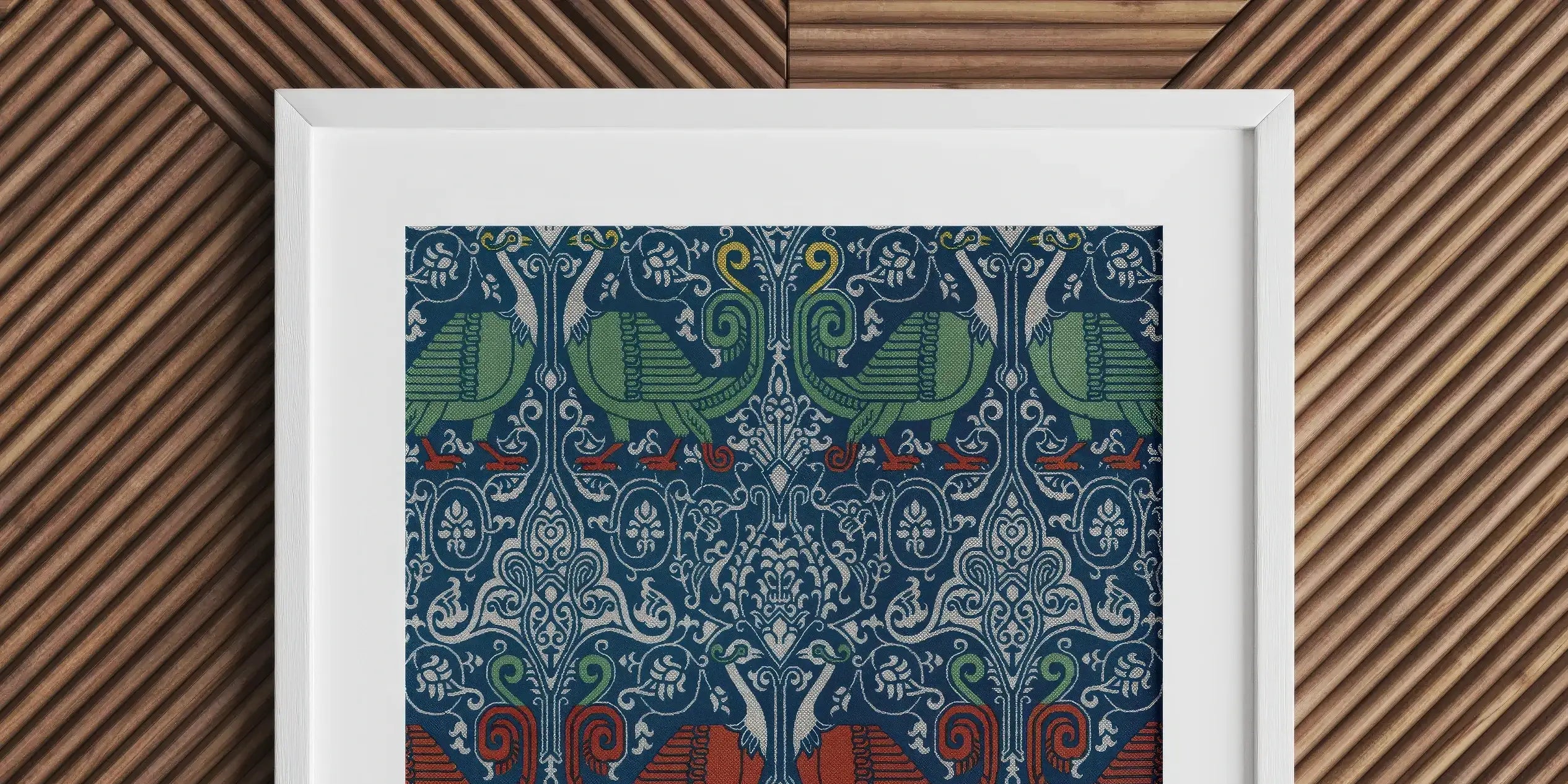 Framed print featuring an ornate Art Nouveau-style pattern with stylized birds and floral motifs in rich colors.