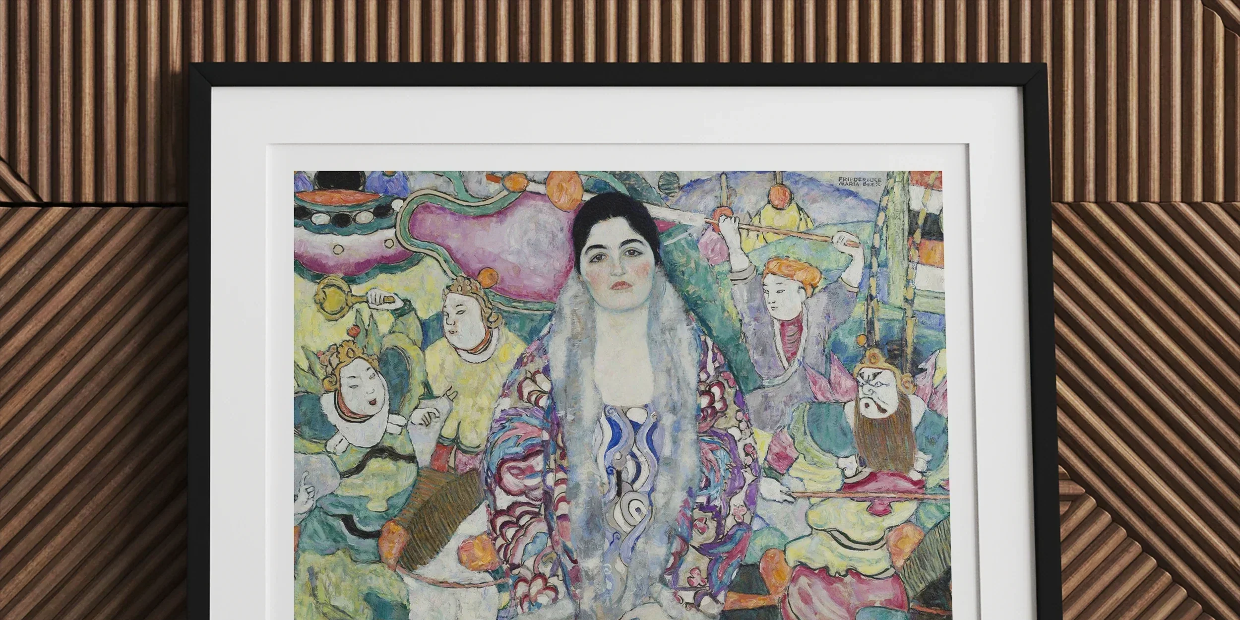 Framed painting of a woman in an ornate dress surrounded by colorful figures and patterns.