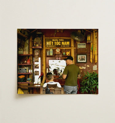Rustic Wooden-framed Photograph Traditional Vietnamese Barbershop Interior Bamboo Hanoi Street Photography, Chop Art, Captivating Fine