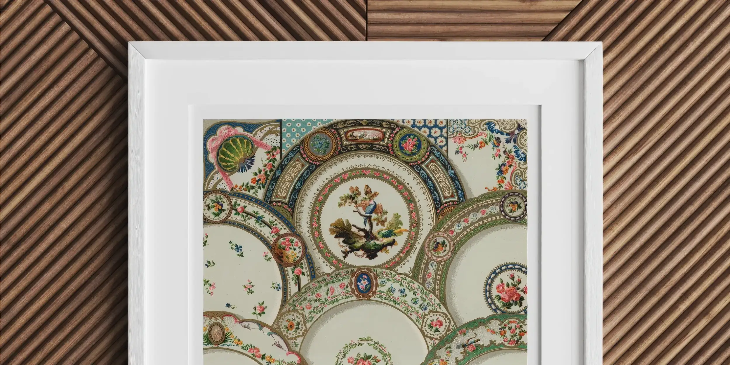 Decorative fabric or wallpaper pattern featuring whimsical motifs and floral designs in two distinct sections.