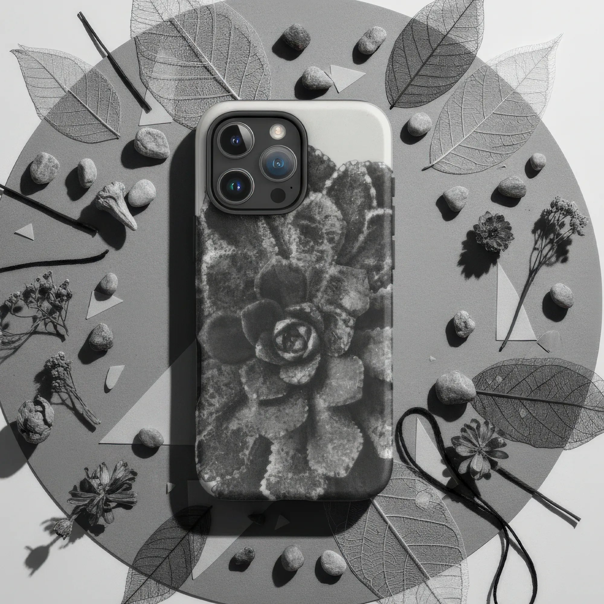 IPhone case with a black and white nature-inspired design featuring spiral shells and pine trees.