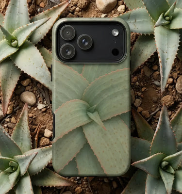 Botanical Phone Cases featuring a succulent design on a sleek black phone case amidst botanical elements.