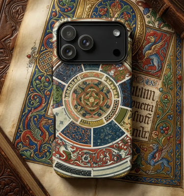 British Phone Cases featuring floral designs on an iPhone, surrounded by vintage paper and dried flowers.