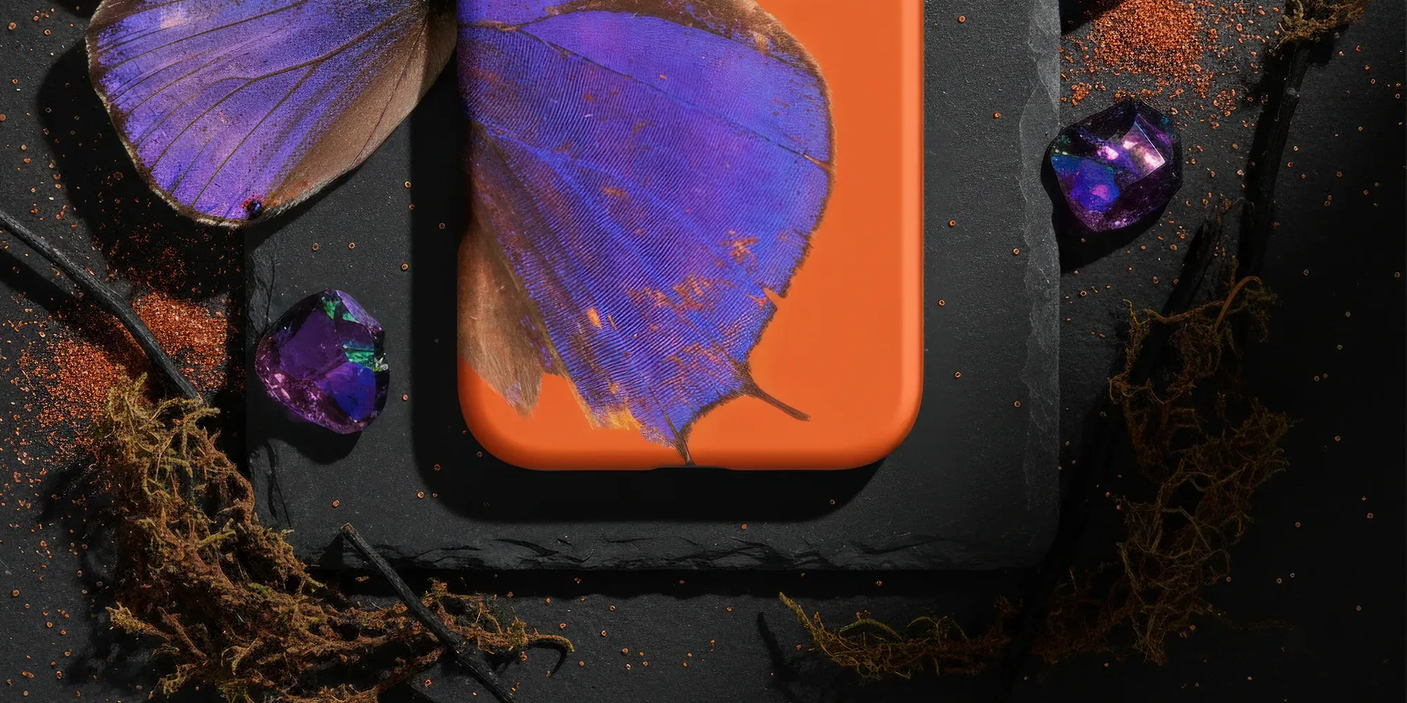 Butterfly-patterned phone case.