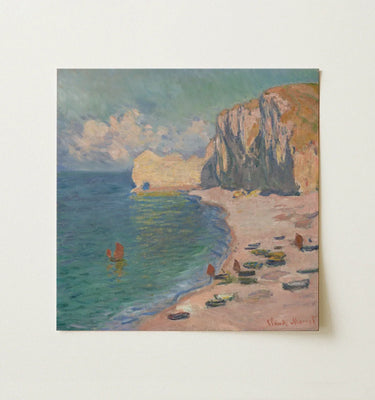 Claude Monet seascape painting of Normandy beaches with cliffs and boats, capturing Impressionist light and color.