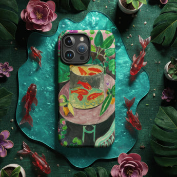 Colorful abstract patterned phone case for an iPhone.