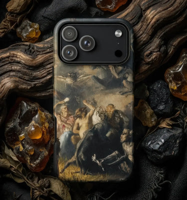 Two vintage macabre illustration smartphone cases in creepy phone cases collection shown from the back side