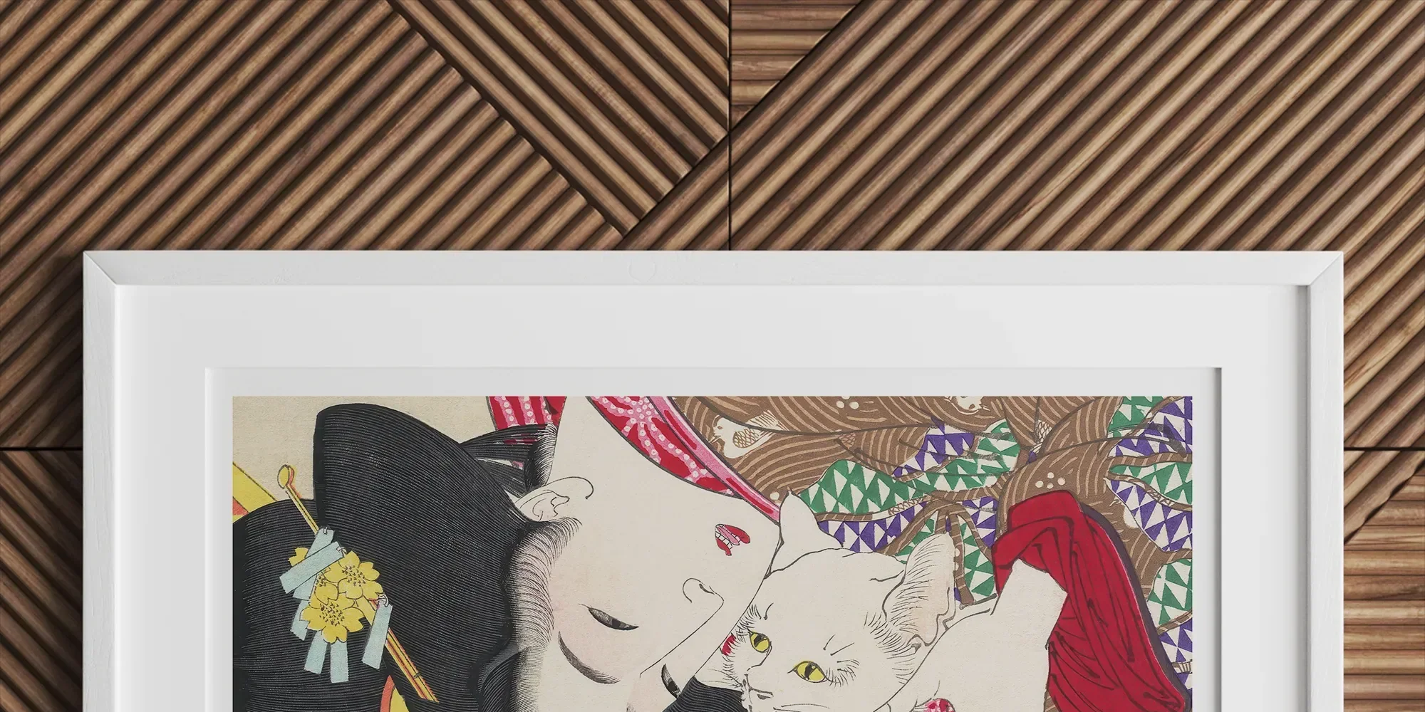 Framed Japanese-style artwork depicting hydrangea flowers and a swallow.