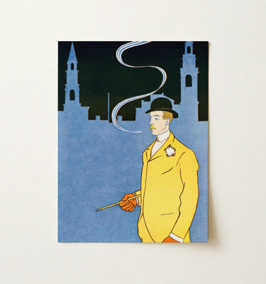 A vintage illustrated poster by Edward Penfield featuring a man in a yellow suit and black bowler hat with a blue cityscape background.