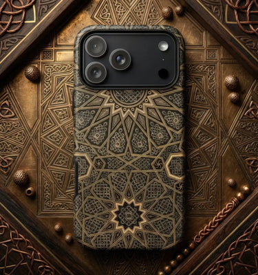 Emile Prisse d’Avennes phone case with intricate floral pattern on vintage paper background.