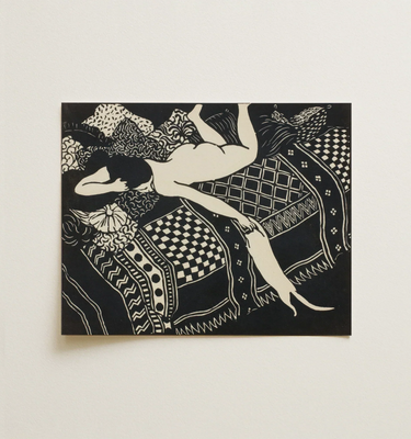 Framed image of a figure reclining on patterned bedding, representing contemporary european wall art.