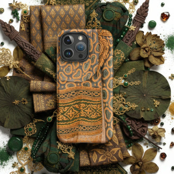 Olive green phone case with a portrait.