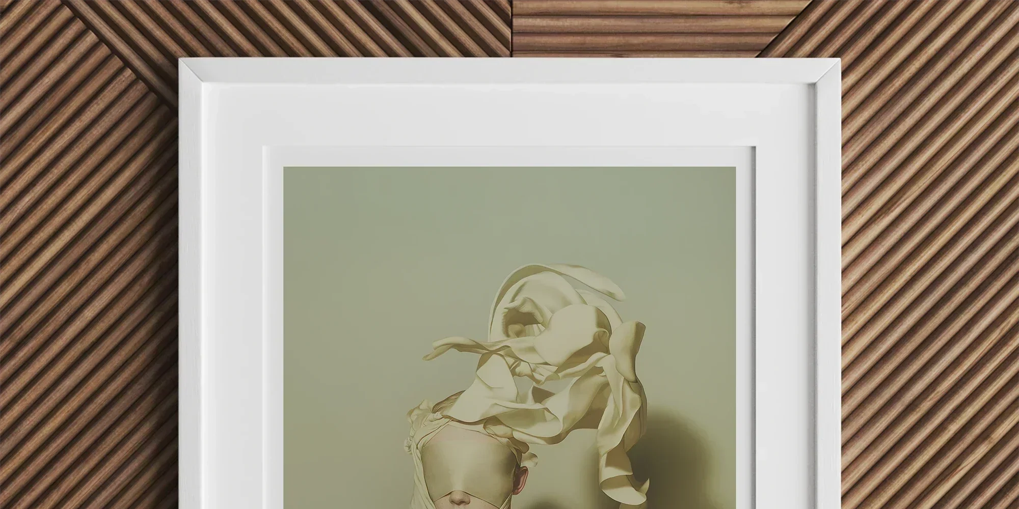 Framed artwork depicting a stylized woman in 1920s fashion standing next to a birdcage.