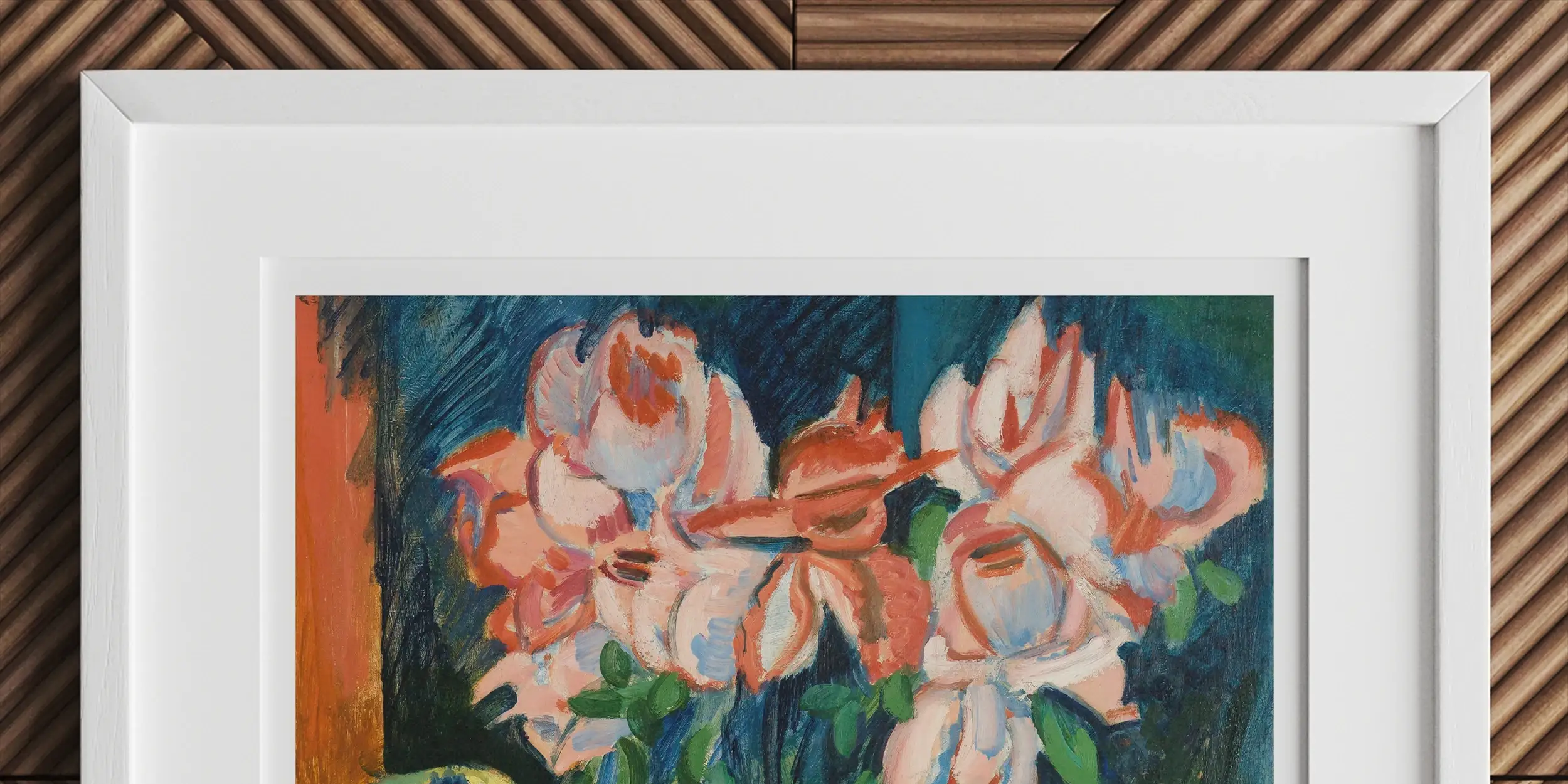Colorful painting of flowers in a vase with fruit on a table.