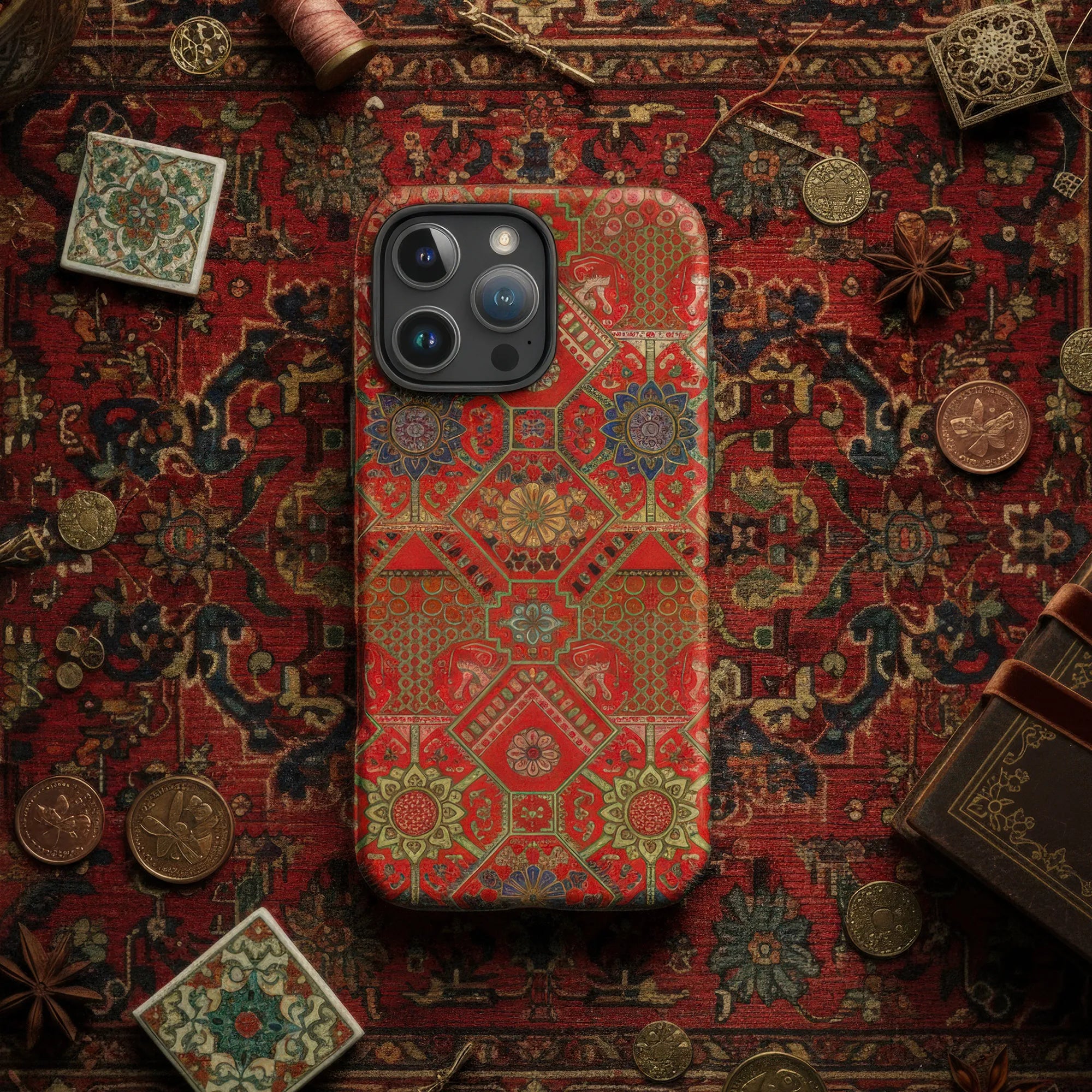 Red patterned phone case.