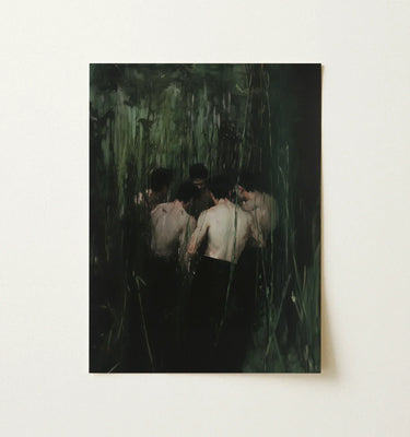 Dark Green Abstract Painting Figures Dense Shadowy Forest Secret Gay Orgy, Five Coil, Orgyn Art Print