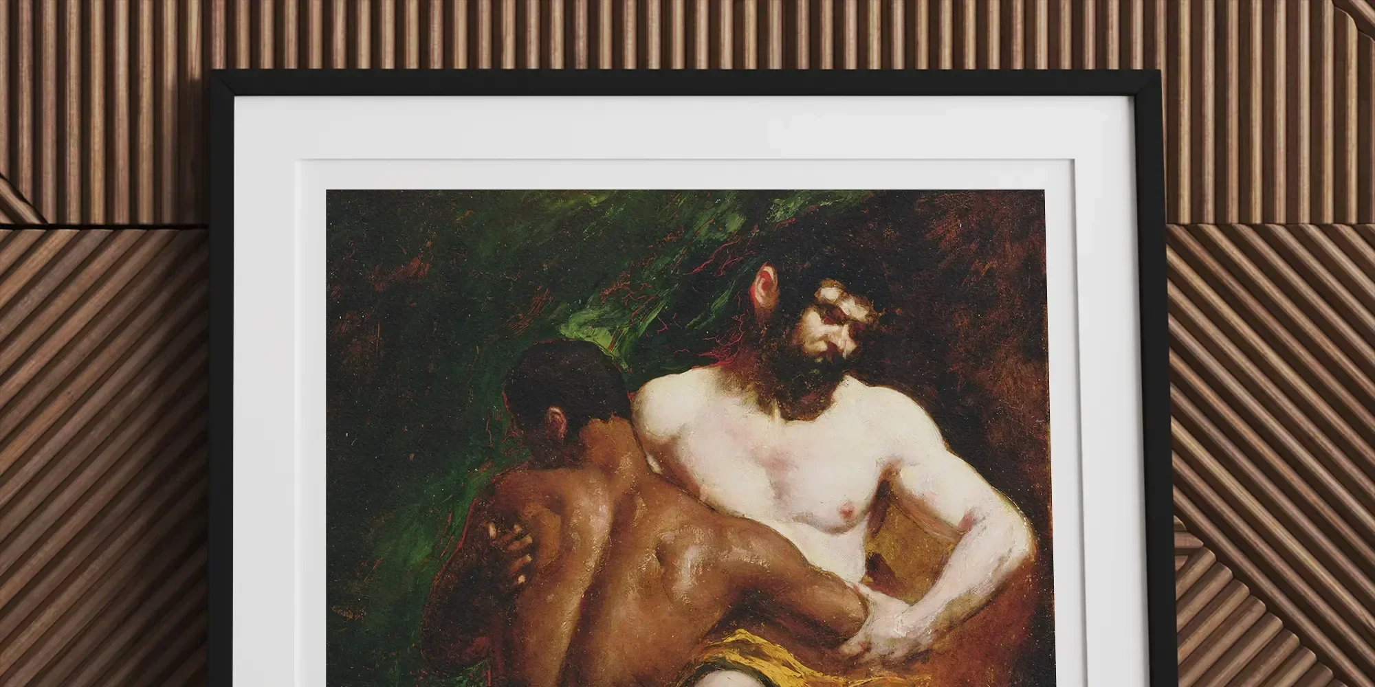 Framed painting depicting two nude male figures in a classical style.