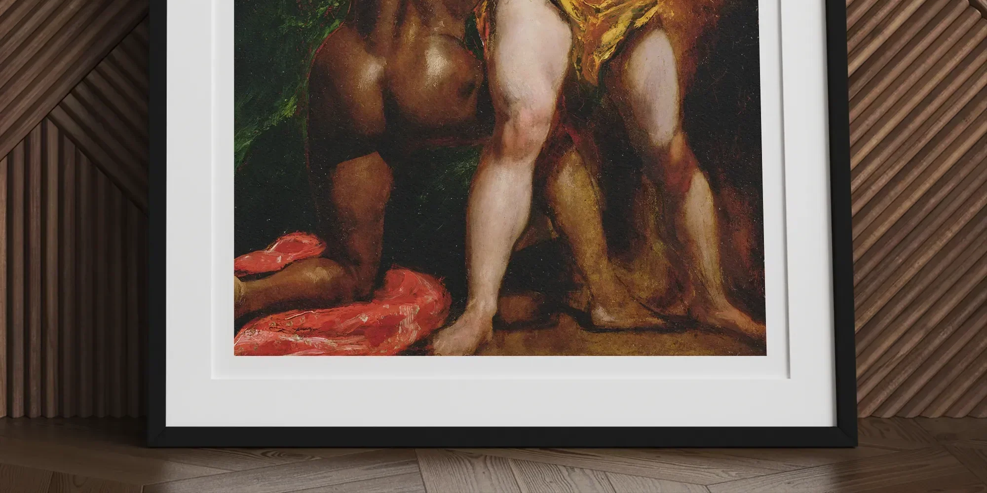 Framed painting depicting two nude male figures in a classical style.
