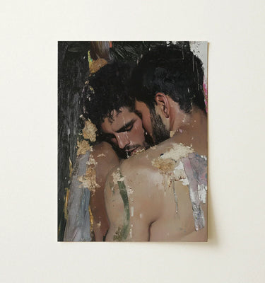 A textured mixed-media painting of two men in an intimate embrace with metallic accents in gay couple art collection