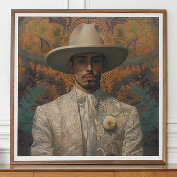 Portrait of a man wearing a white suit and wide-brimmed hat against an ornate background.