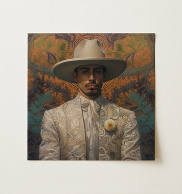 Gay Cowboy Art featuring a stylish man in formal attire and a wide-brimmed hat against a vibrant background.