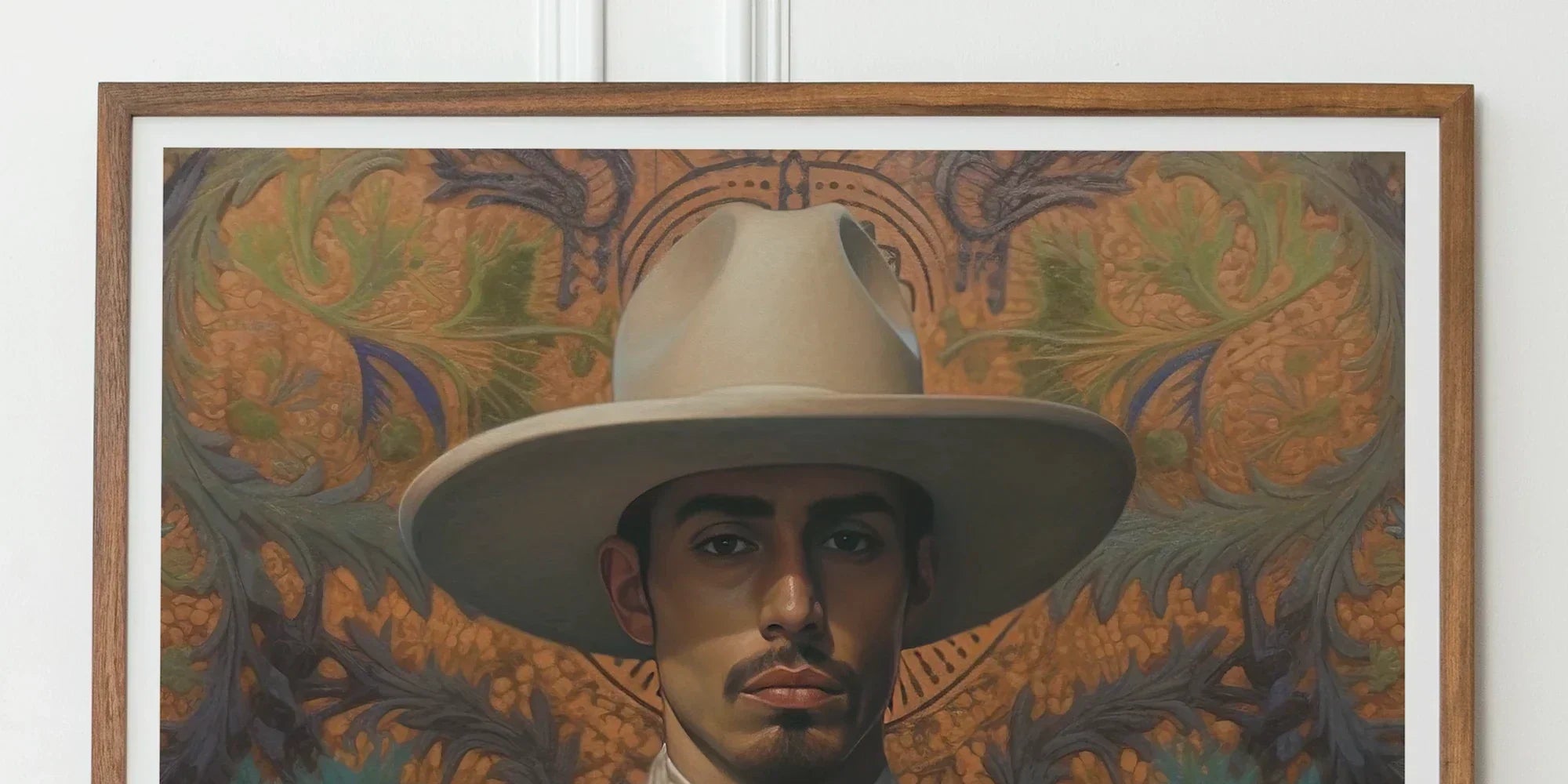Portrait of a man wearing a white suit and wide-brimmed hat against an ornate background.