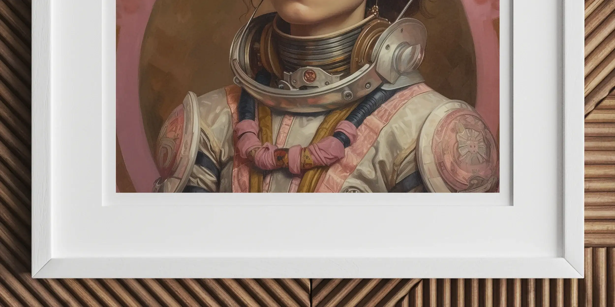 Portrait of a man wearing an ornate spacesuit helmet with steampunk-inspired details.