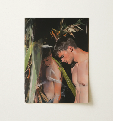 Framed painting of two shirtless men in warm tones depicting gay lovers in a queer romance art collection