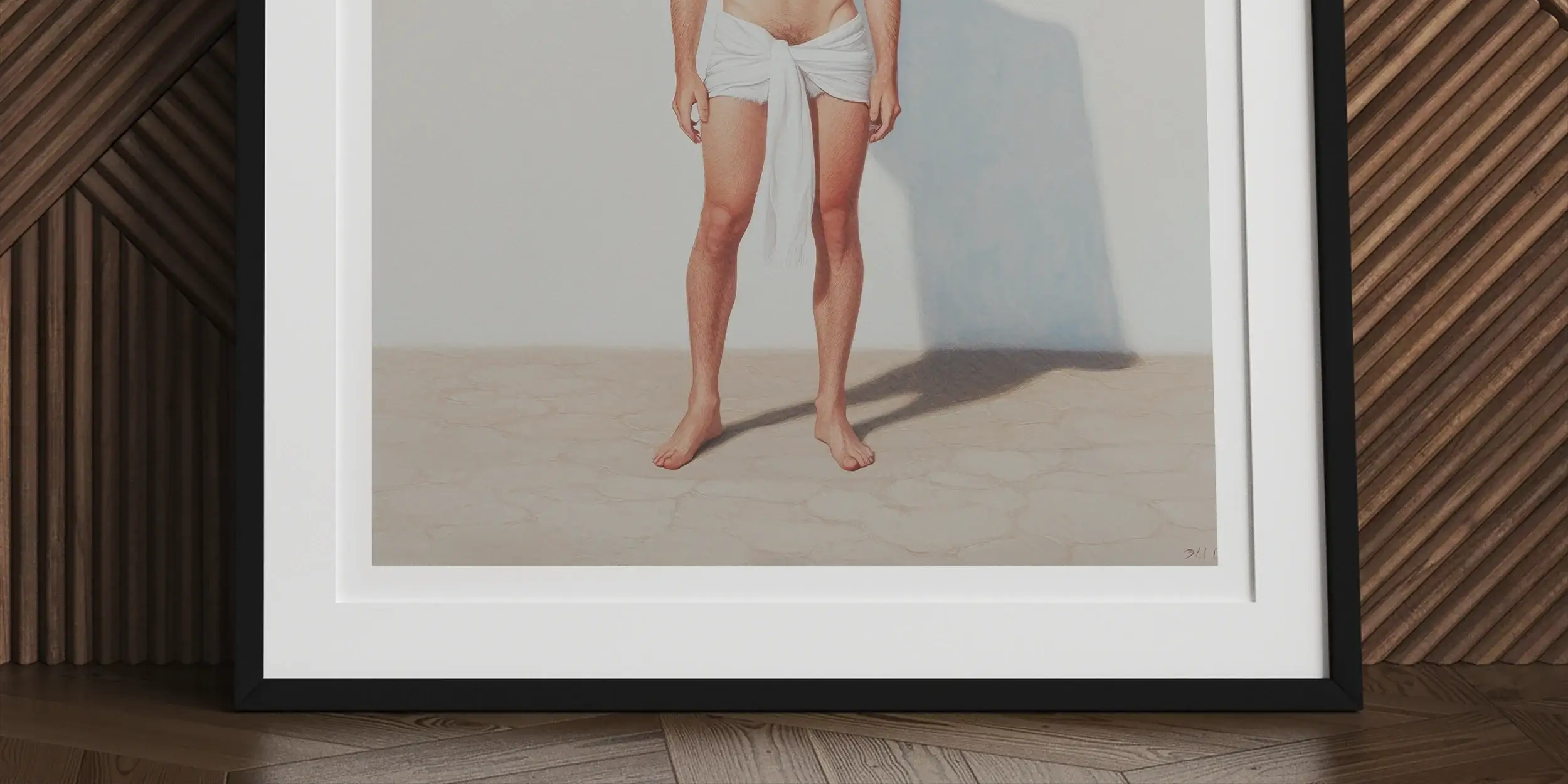 Framed artwork depicting a figure wearing white underwear and a red bull-horned headdress covering their head.
