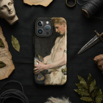 IPhone case featuring a surreal image of a shirtless figure with a red cloth obscuring the head.