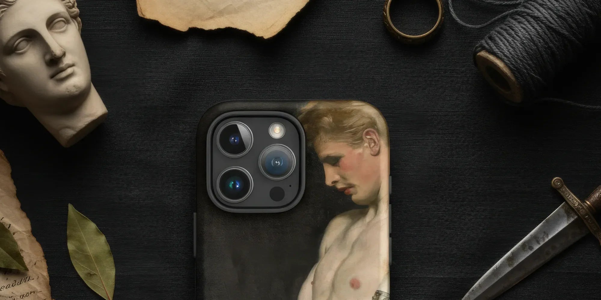 IPhone case featuring a surreal image of a shirtless figure with a red cloth obscuring the head.