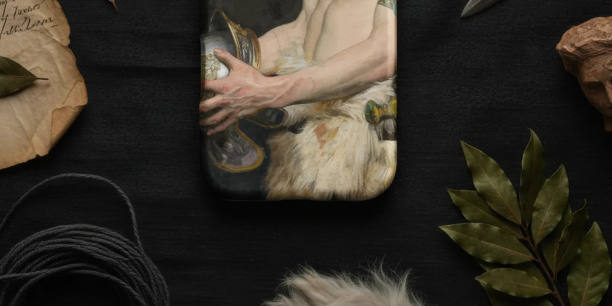 IPhone case featuring a surreal image of a shirtless figure with a red cloth obscuring the head.