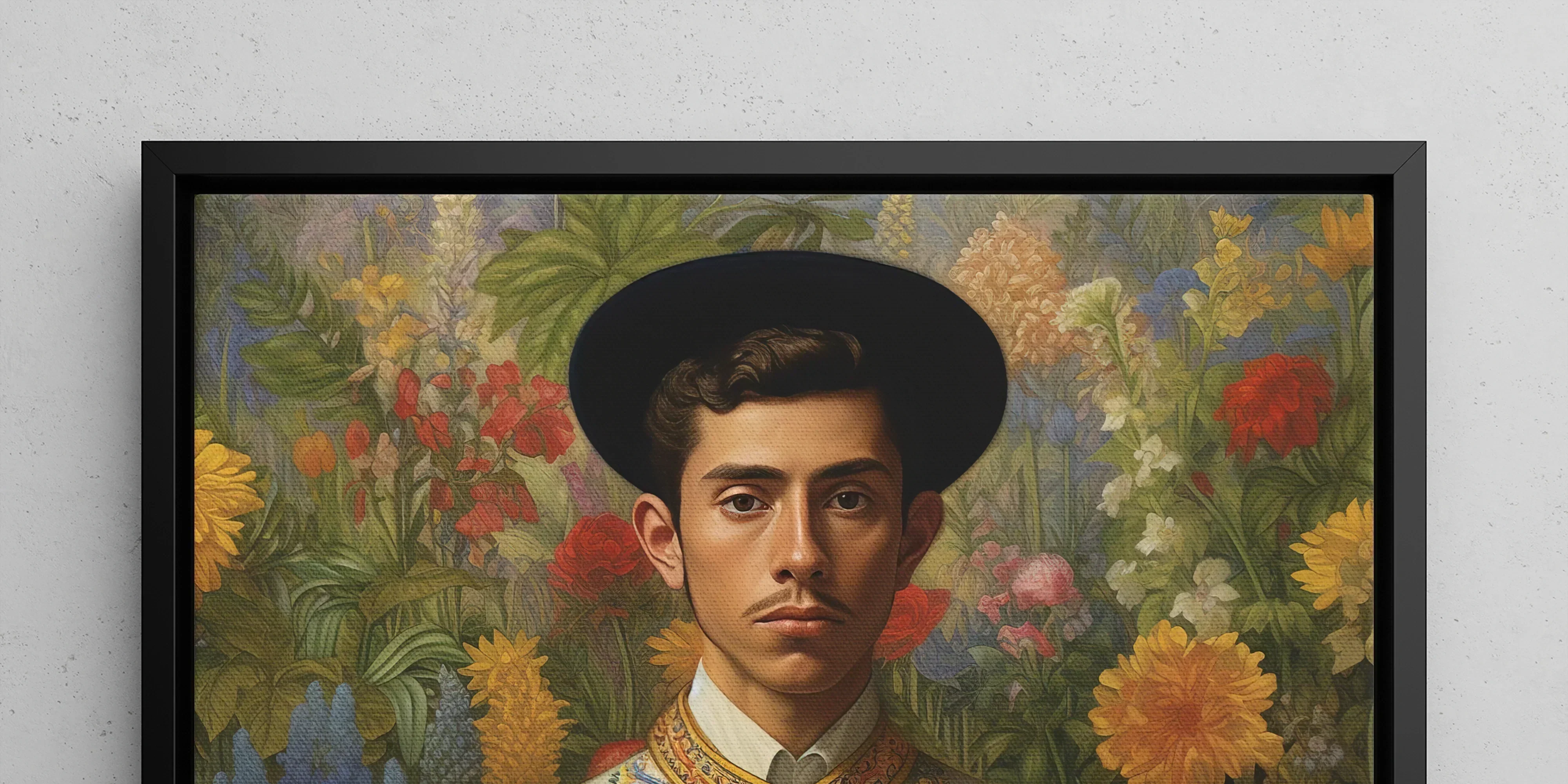 Portrait of a young man in ornate traditional clothing and a black hat against a floral background.