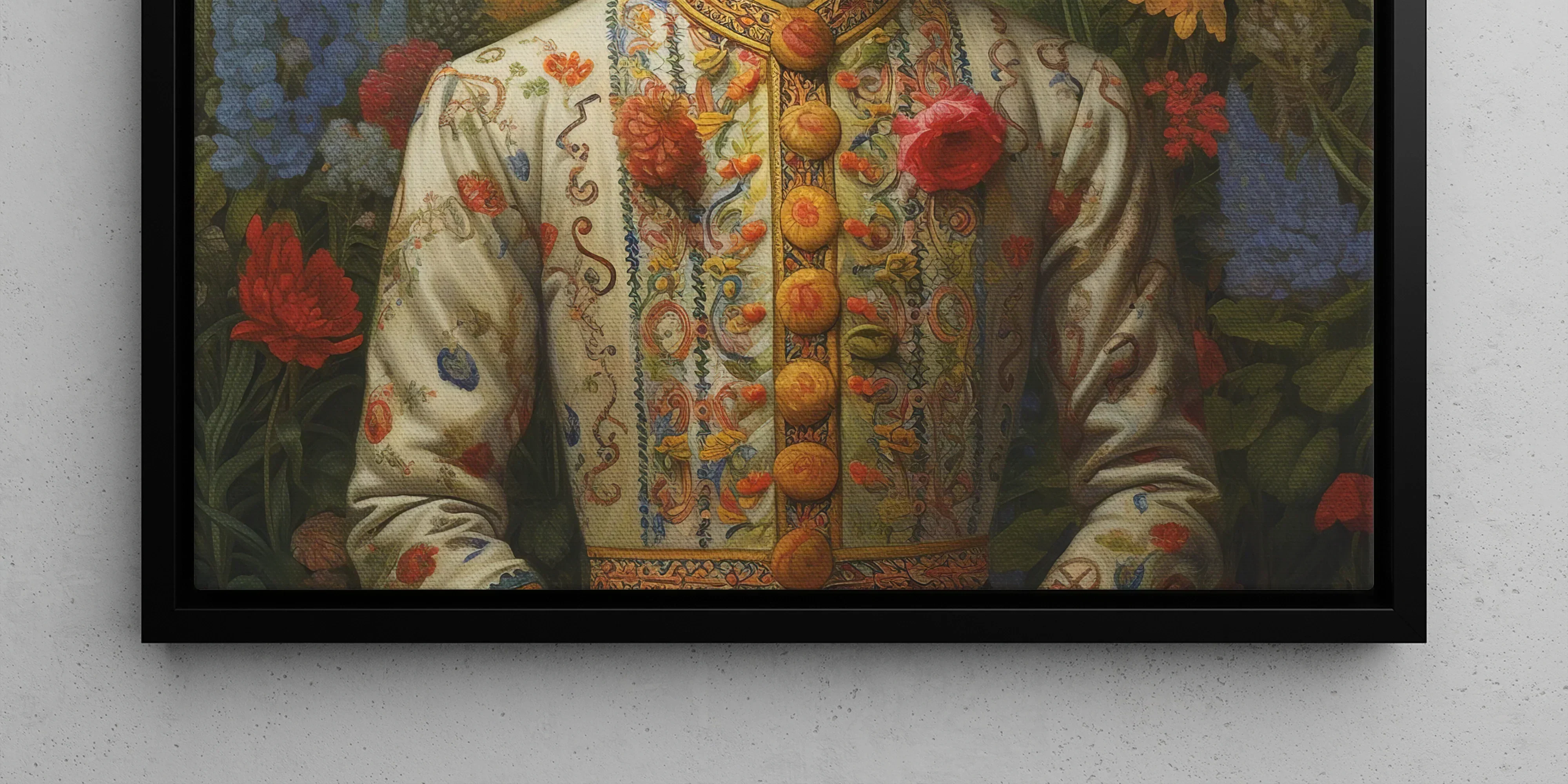 Portrait of a young man in ornate traditional clothing and a black hat against a floral background.