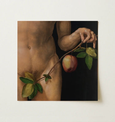A realistic oil painting of a nude male holding an apple on a branch in warm earth tones in gay renaissance art collection