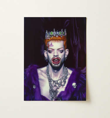A striking piece of Vampire Wall Art featuring a regal vampire with dramatic makeup and accessories.