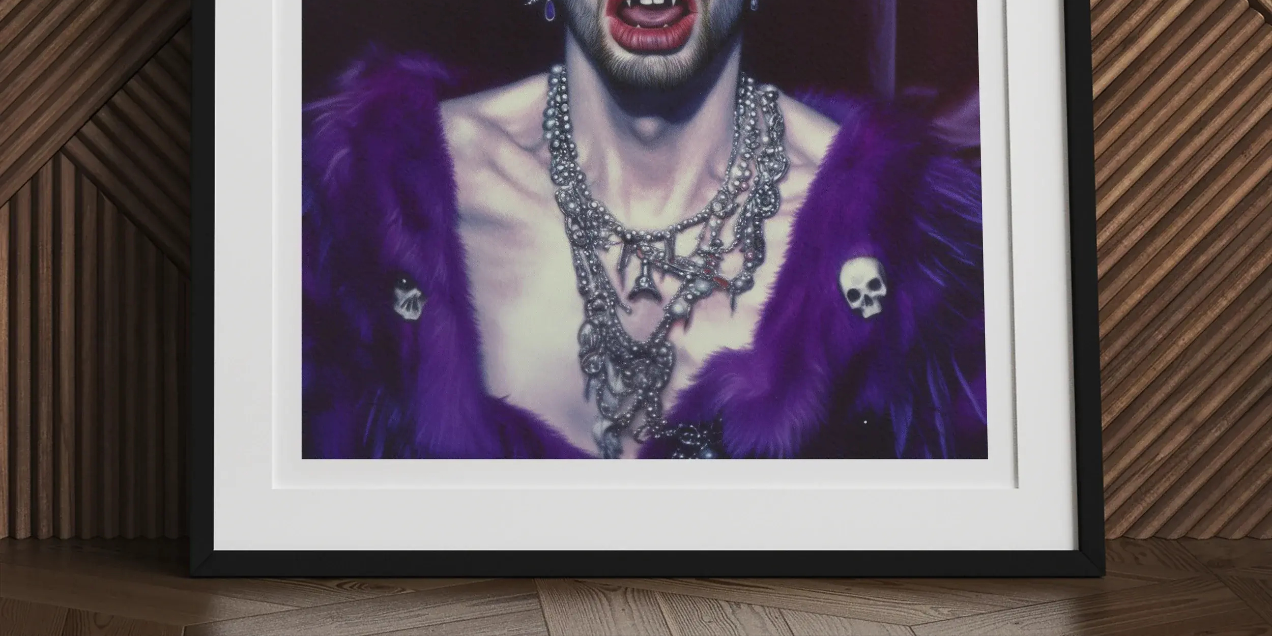 Framed portrait of a person wearing a crown, vampire fangs, and elaborate jewelry against a dark background.