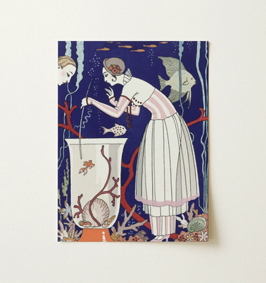 Illustration by George Barbier depicting a woman interacting with a coral-themed aquarium in an Art Deco style.