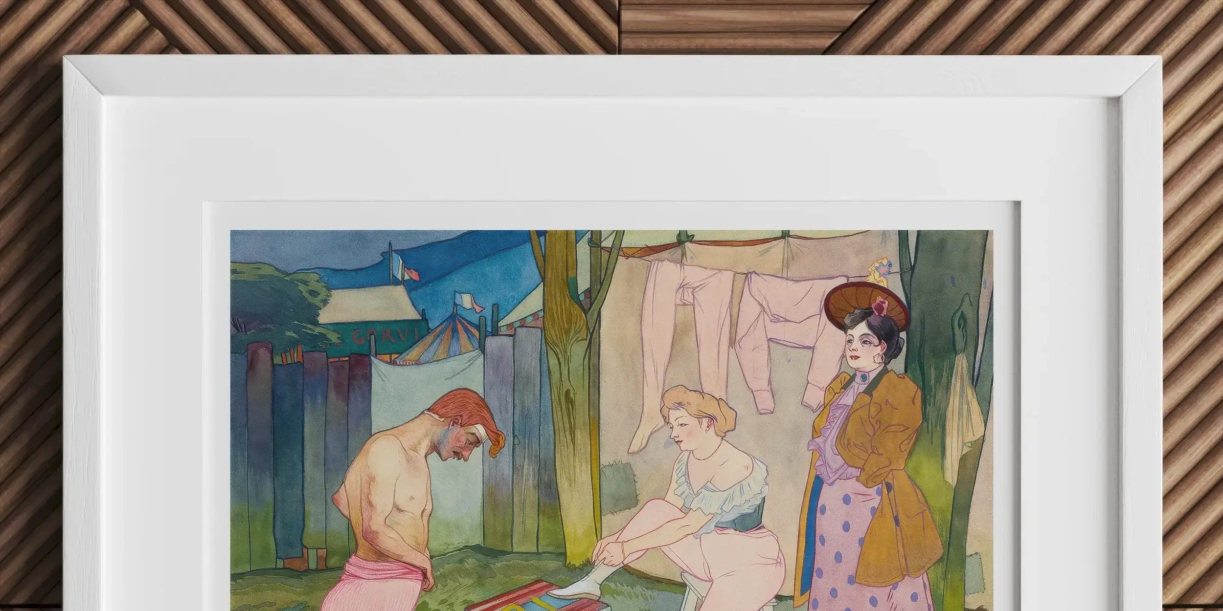 Framed painting depicting three women in a domestic outdoor setting with laundry and household items scattered around.